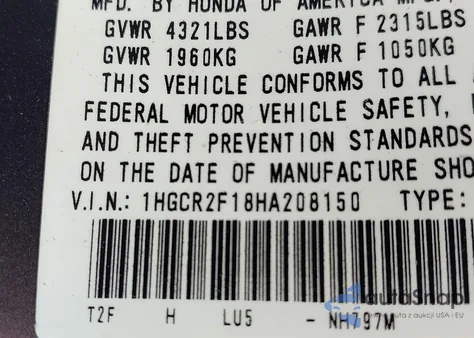 2017 Honda Accord Sport Se from USA, damaged, VIN 1HGCR2F18HA208150